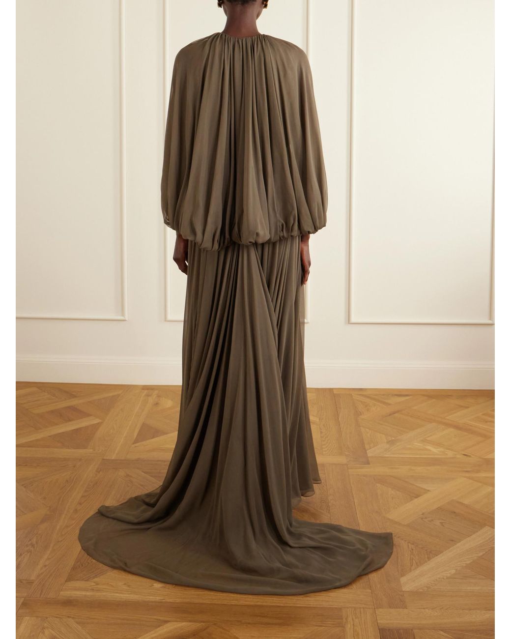 Oscar de la Renta Natural Draped Silk-Chiffon Gown