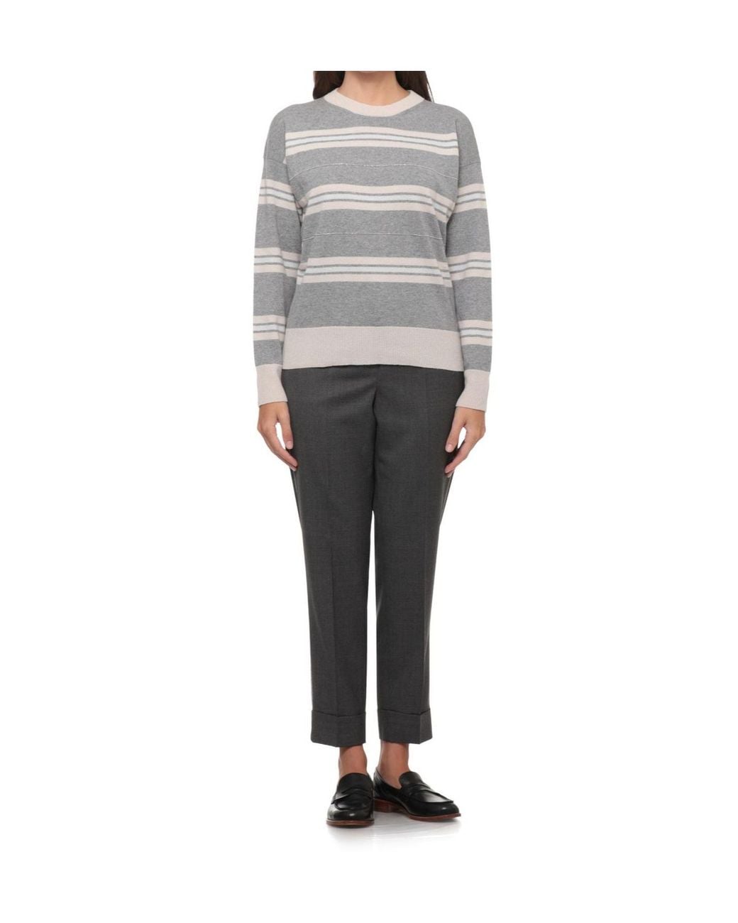 Peserico Gray Striped Crew-Neck Knitted Sweater