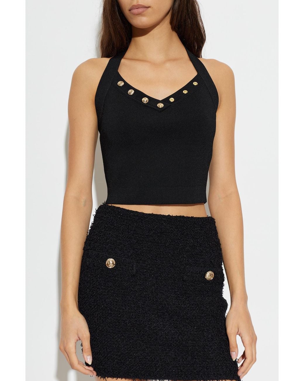 Balmain Black Button-Trim Halterneck Crop Top