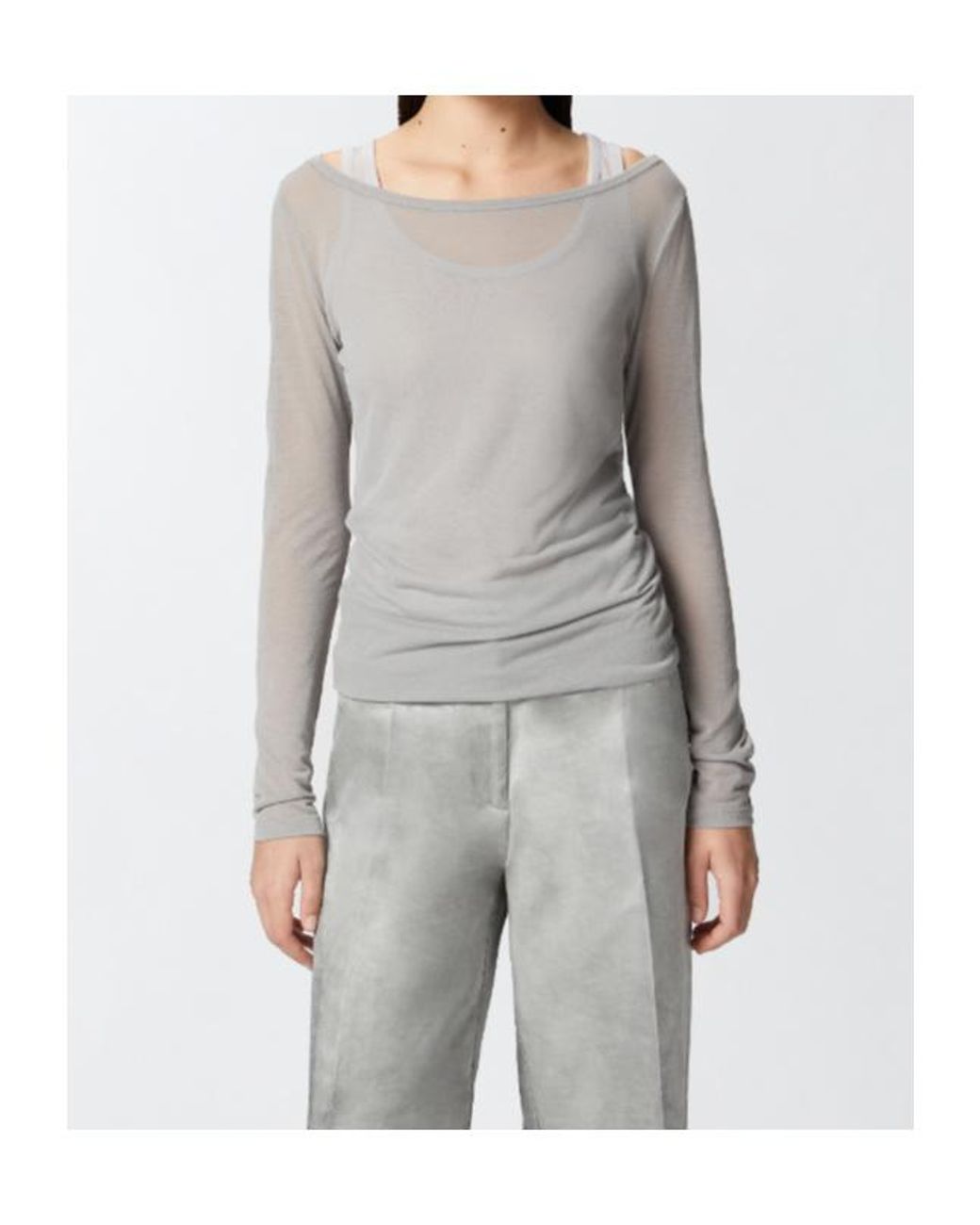 Pinko Gray Boat-Neck Long-Sleeved Gauze T-Shirt