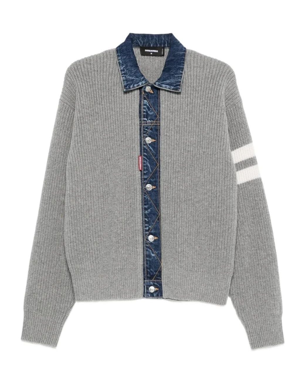 DSquared² Gray Denim-Panel Ribbed Cardigan for men