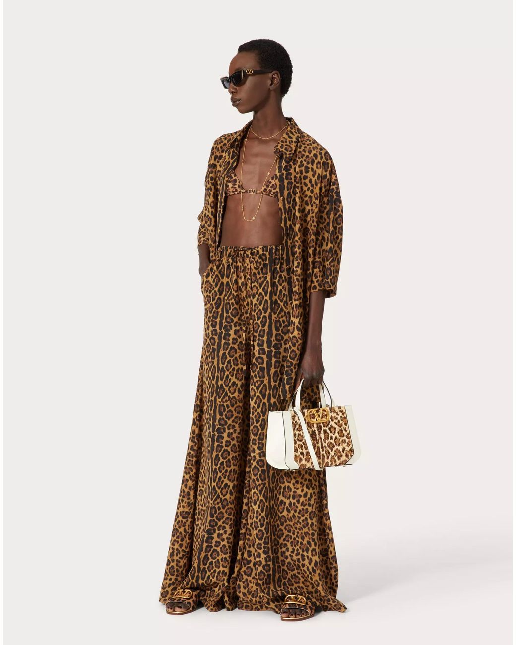 Valentino Brown Leopard Print Double Crepe Casual Pants