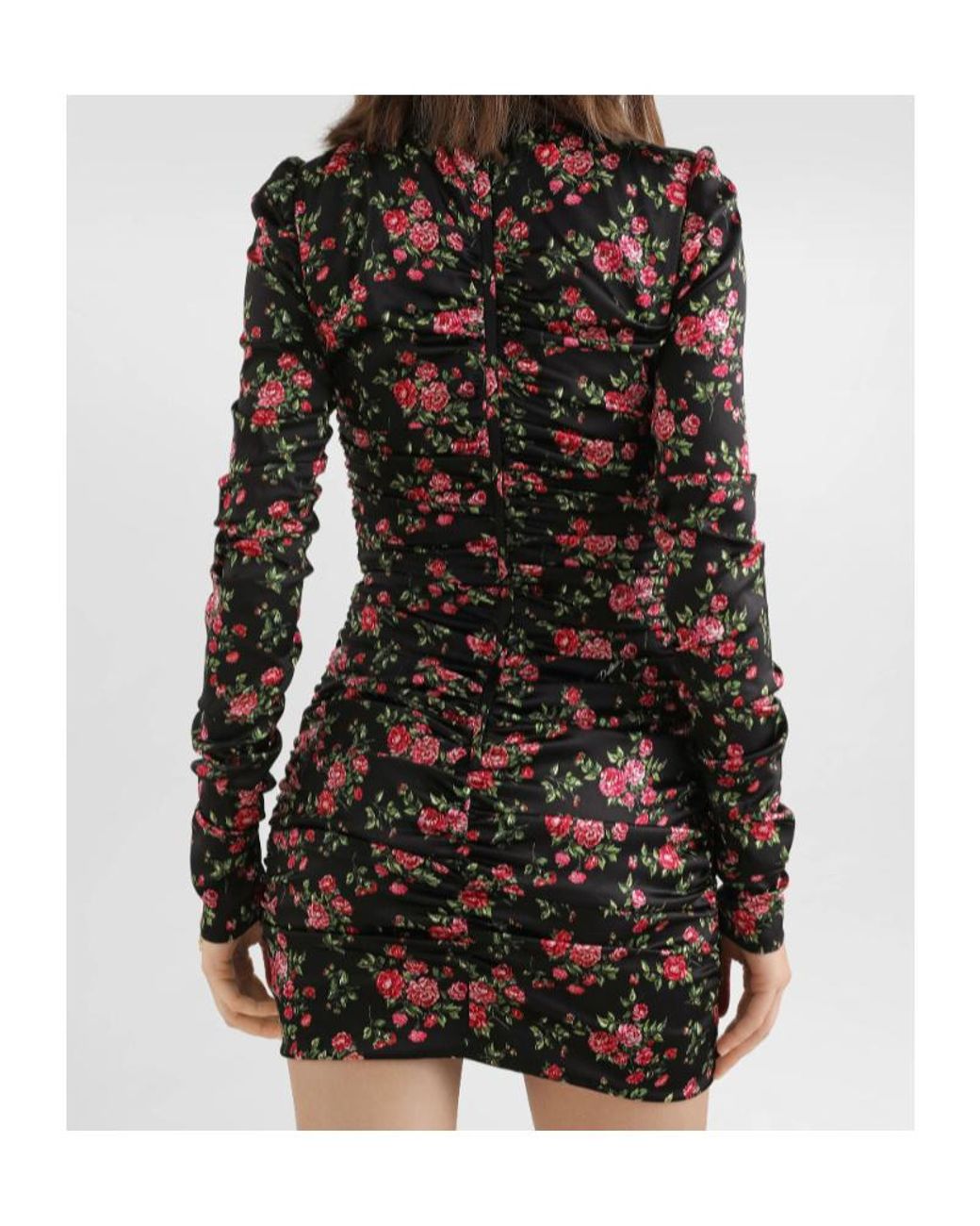 Dolce & Gabbana Black Small Rose Bouquets-Printed Mini Satin Dress