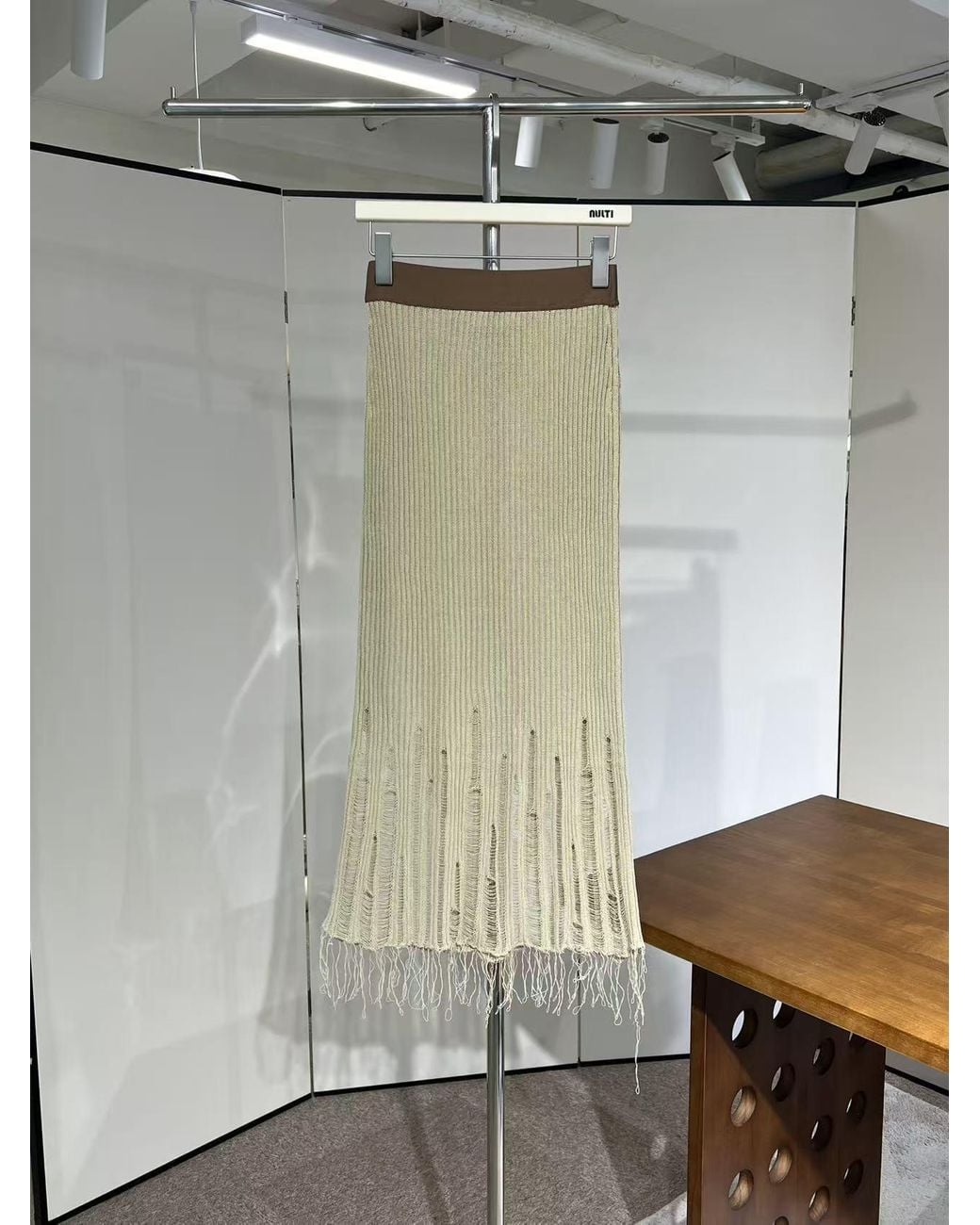 Uma Wang Natural Distressed Ribbed Knit Midi Skirt