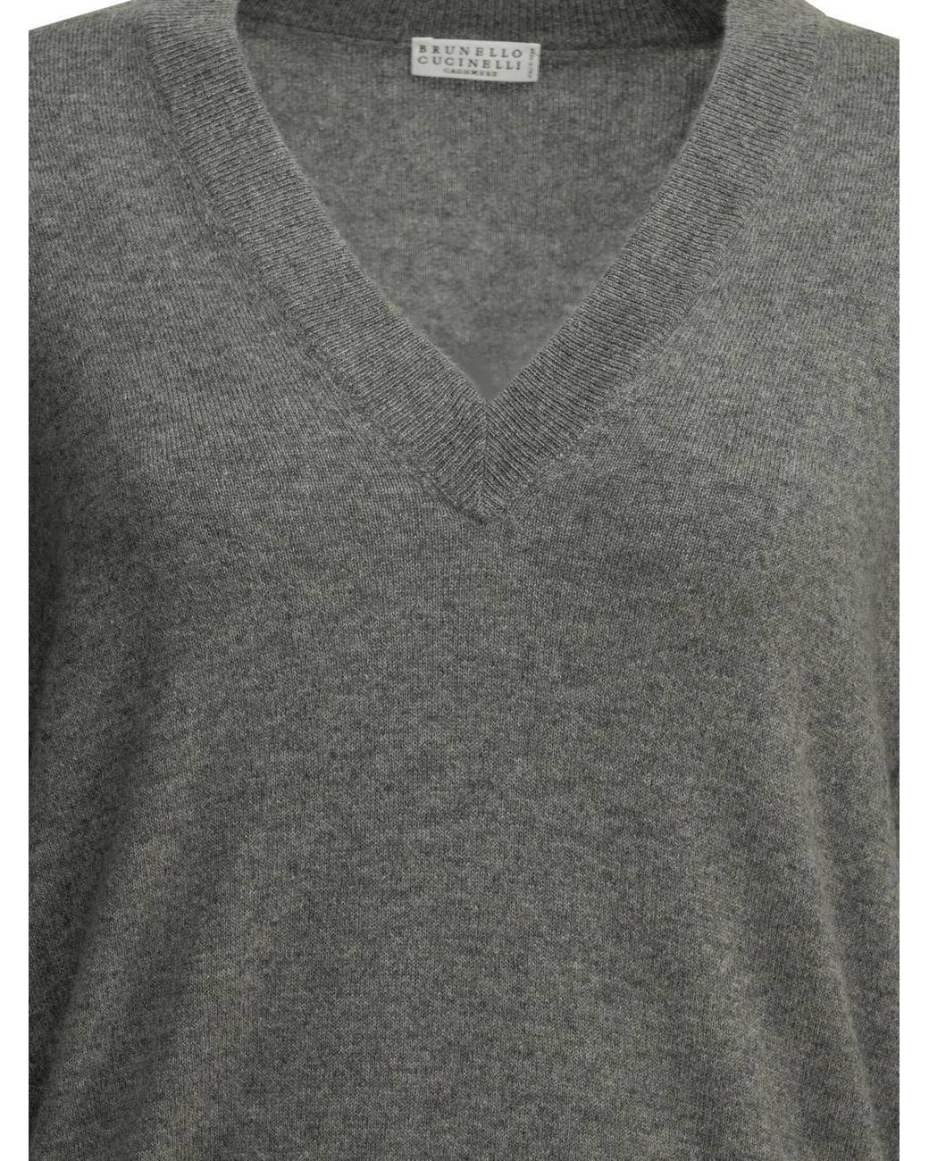 Brunello Cucinelli Gray V-Neck Cashmere Sweater
