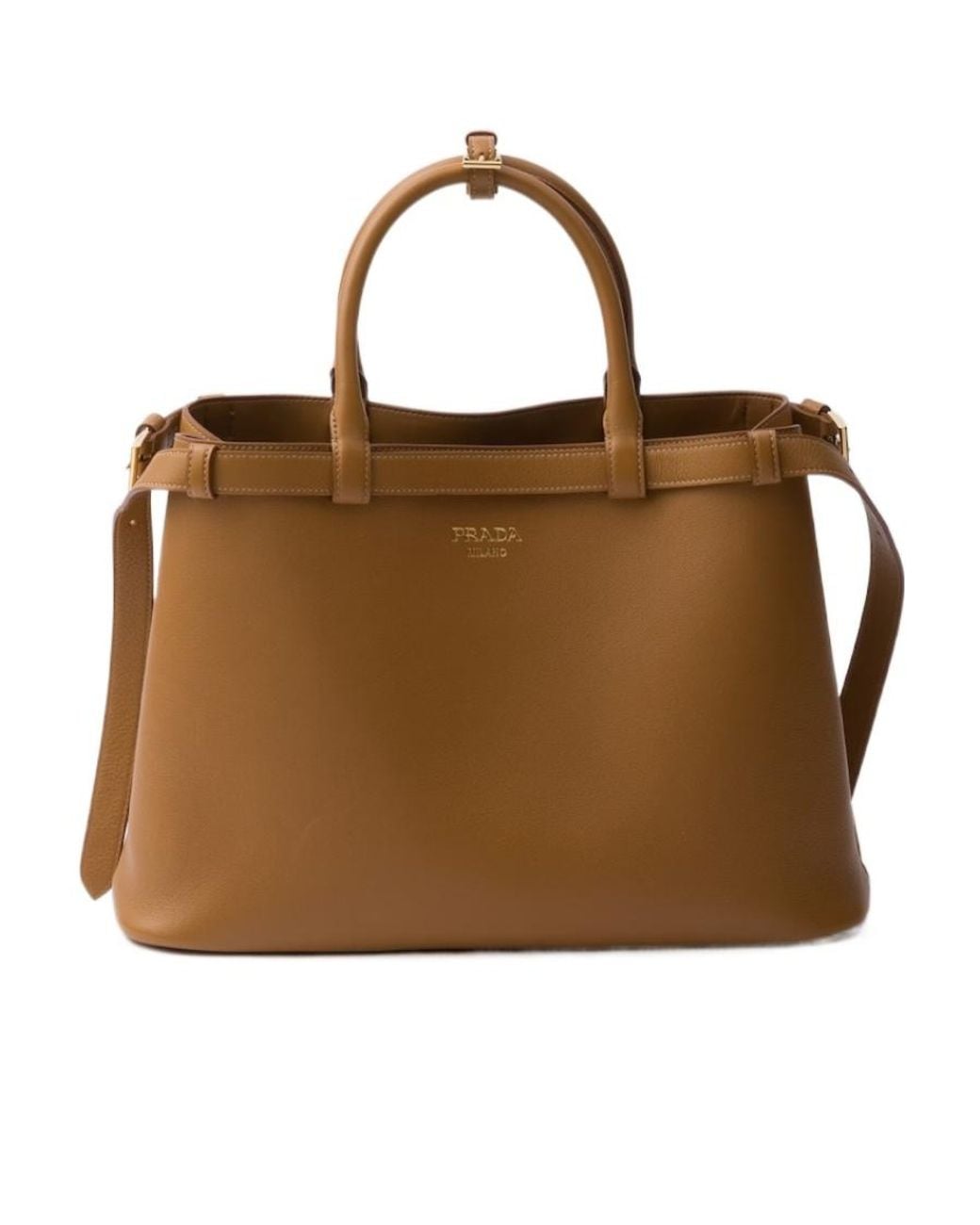 Prada Brown Buckle Medium Leather Handbag With Double Belt