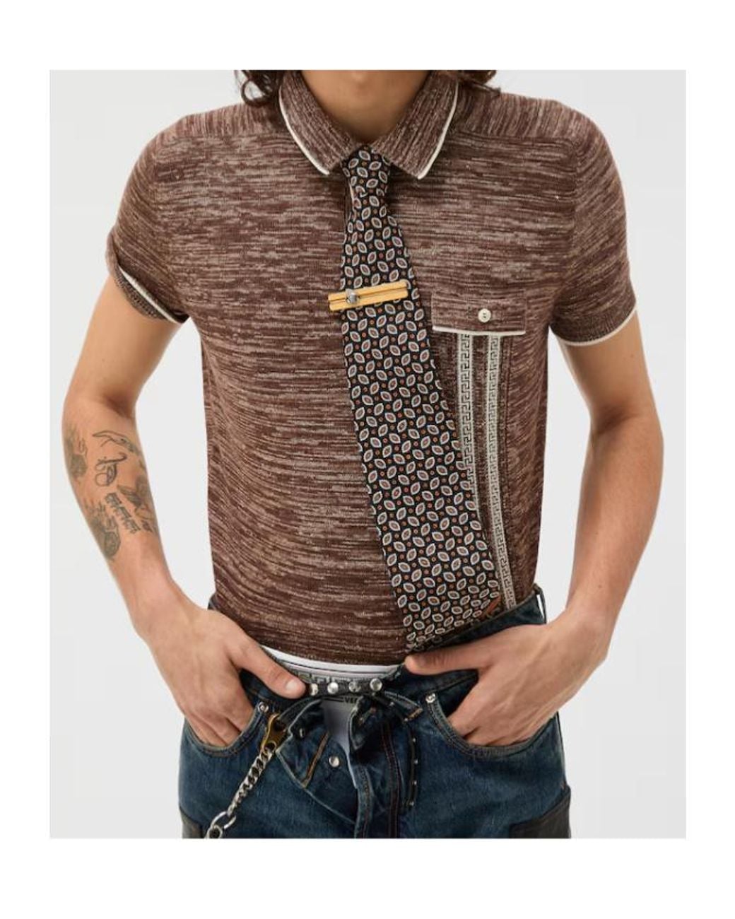 Versace Brown Mouliné Jacquard Knit Polo Shirt for men