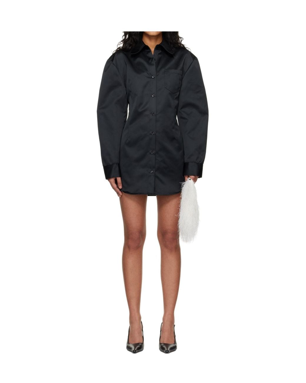Frankie Shop Black Akita Satin Cinched Long-Sleeved Mini Dress