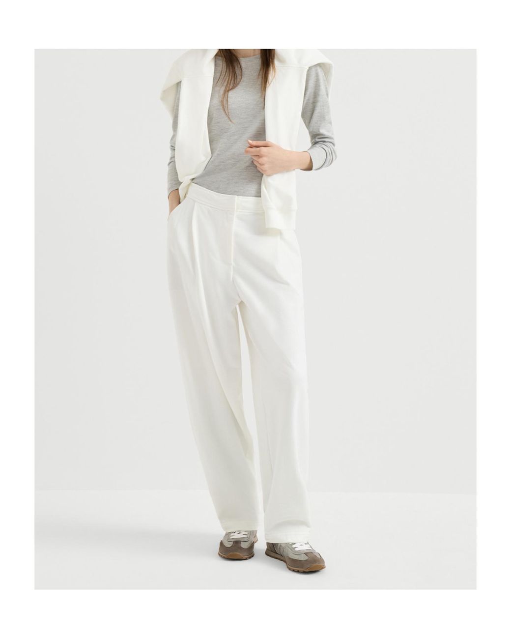 Brunello Cucinelli White Cotton Smooth French Terry Pleated Track Trousers