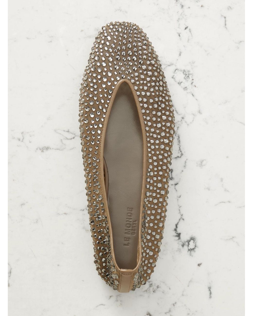 Le Monde Beryl Brown Luna Leather-Trimmed Crystal-Embellished Mesh Flats