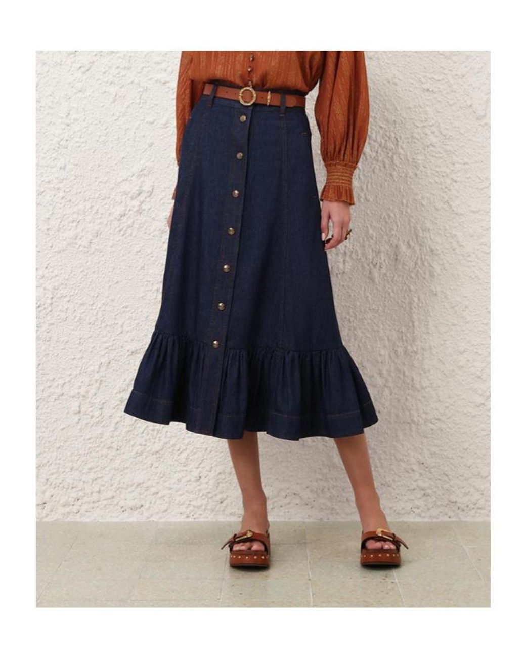 Zimmermann Blue Aster Denim Frill Midi Skirt