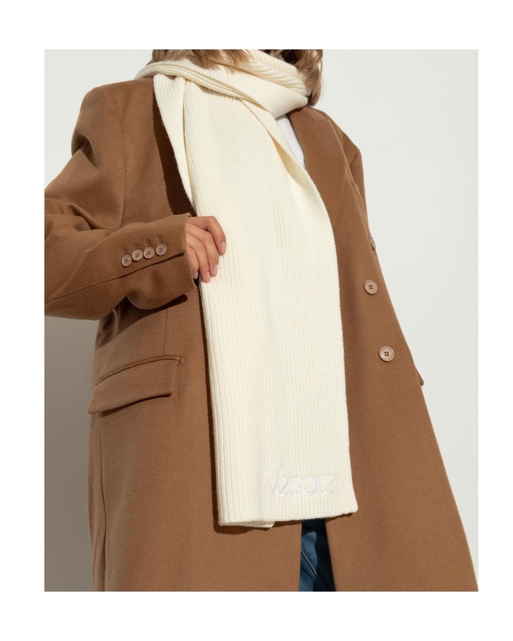 Versace Natural Logo-Embroidered Ribbed Scarf