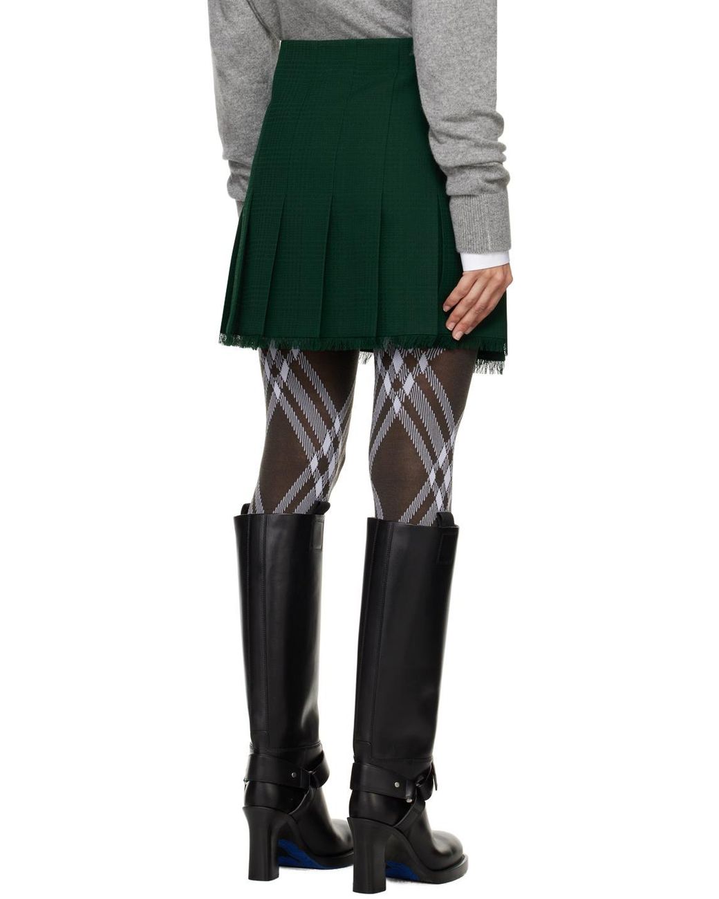 Burberry Green Pleated Frayed-Edge Mini Skirt