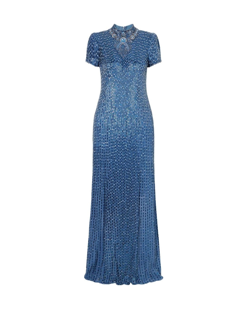Jenny Packham Blue Embellished Crepe Gown