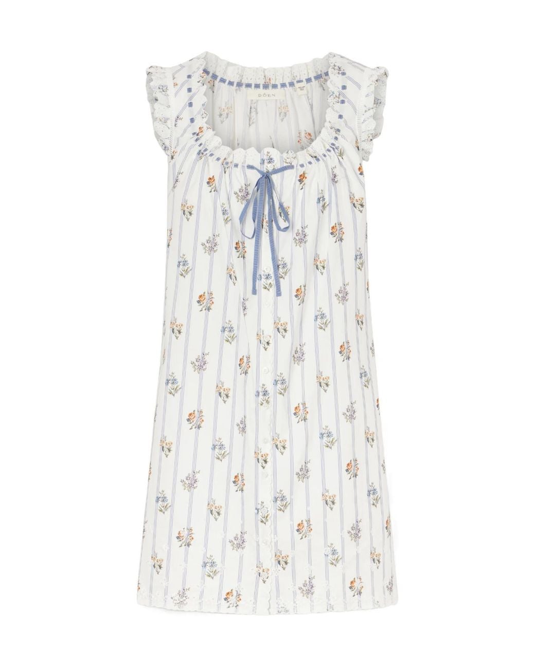 Doen White Embroidered Striped Floral-Print Organic Cotton Mini Dress