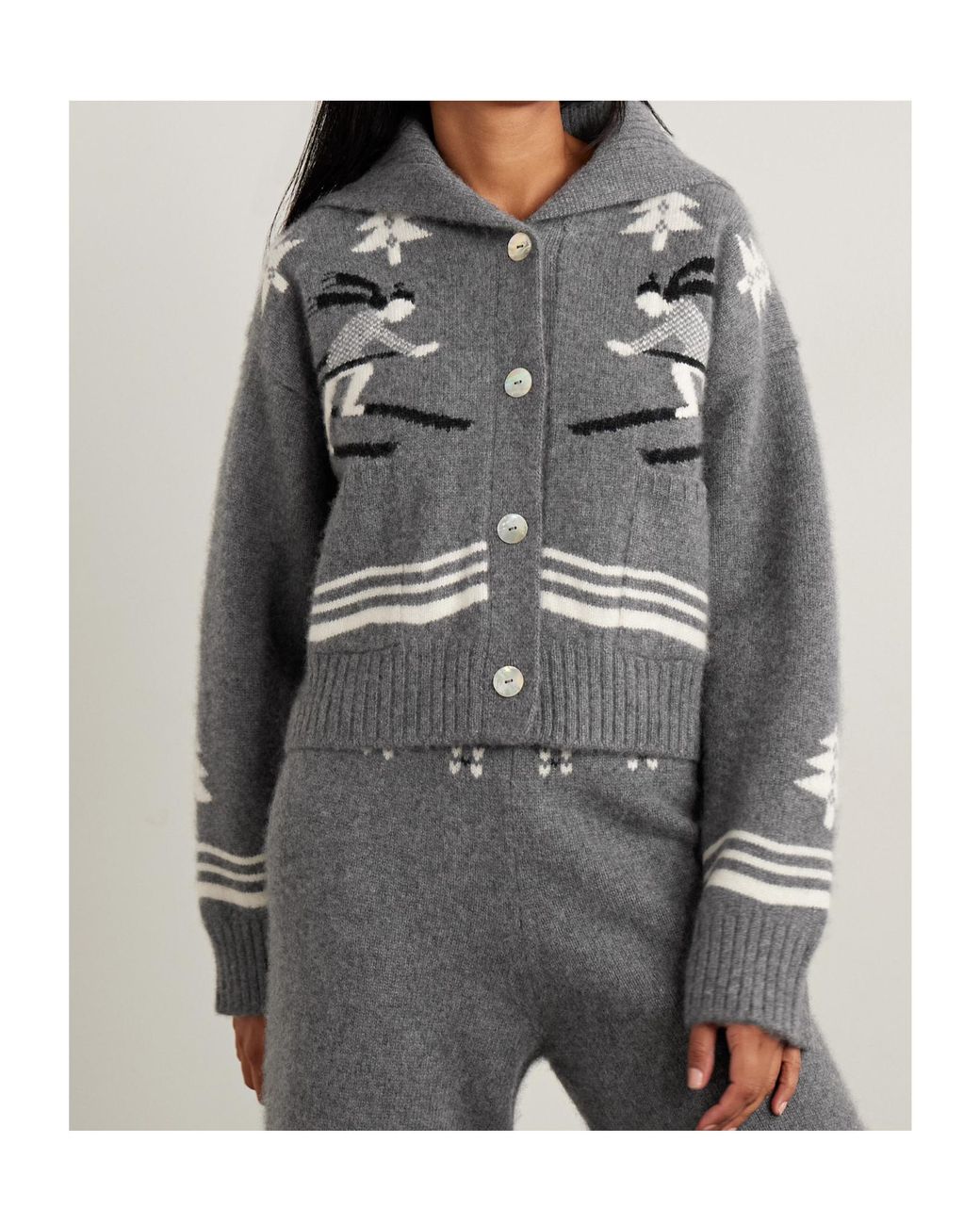 Calle Del Mar Gray Intarsia-Knit Cashmere Cardigan