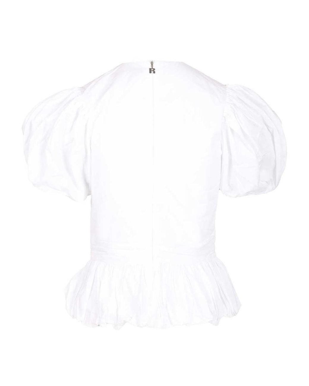 ROTATE BIRGER CHRISTENSEN White Short Puff Sleeved Crewneck Straight Top
