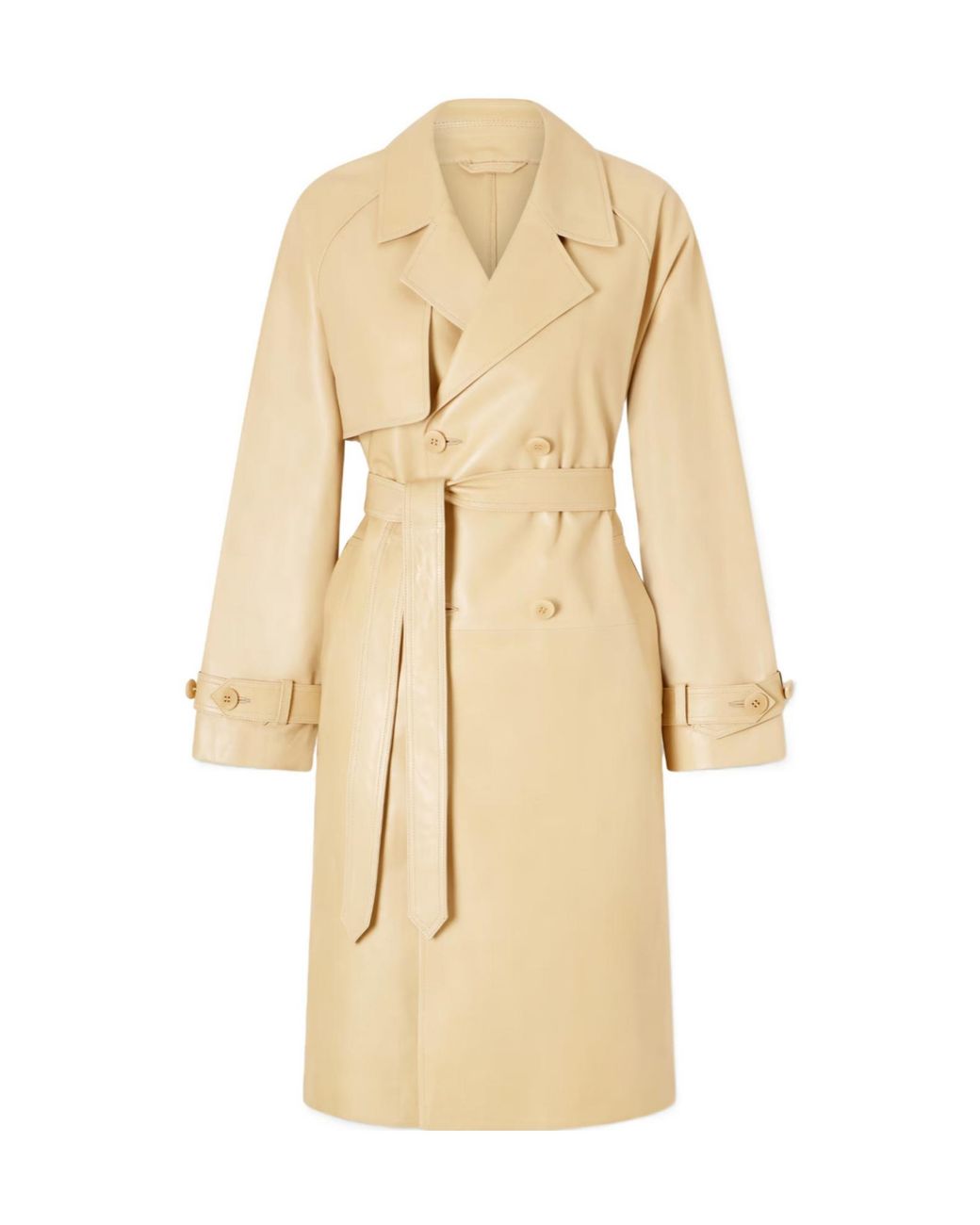 Nour Hammour Natural Double-Breasted Belted Leather Trench Coat