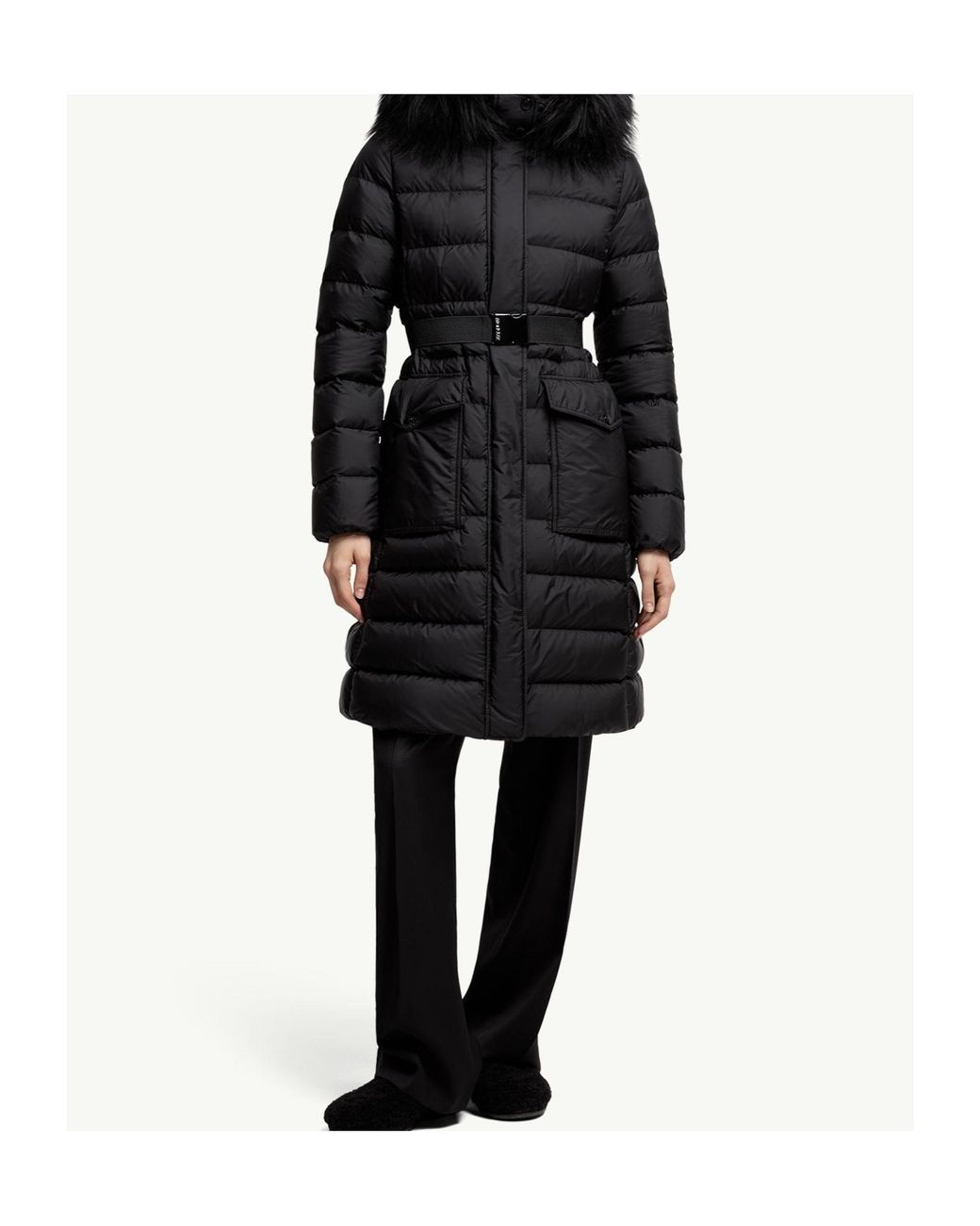 Moncler Black Khloesse Shearling-Trimmed Hooded Long Down Jacket