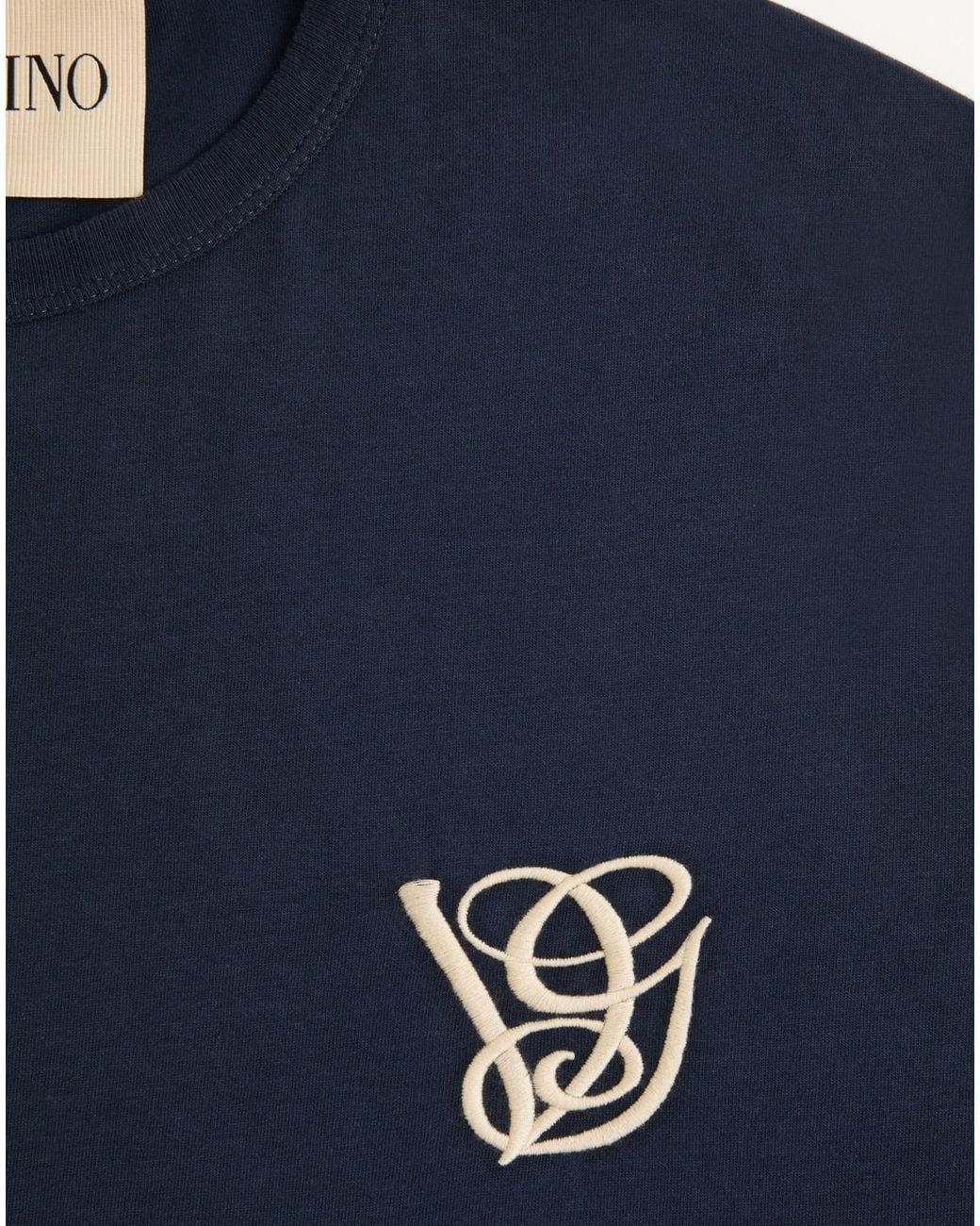 Valentino Blue Logo Embroidered Crewneck T-Shirt for men