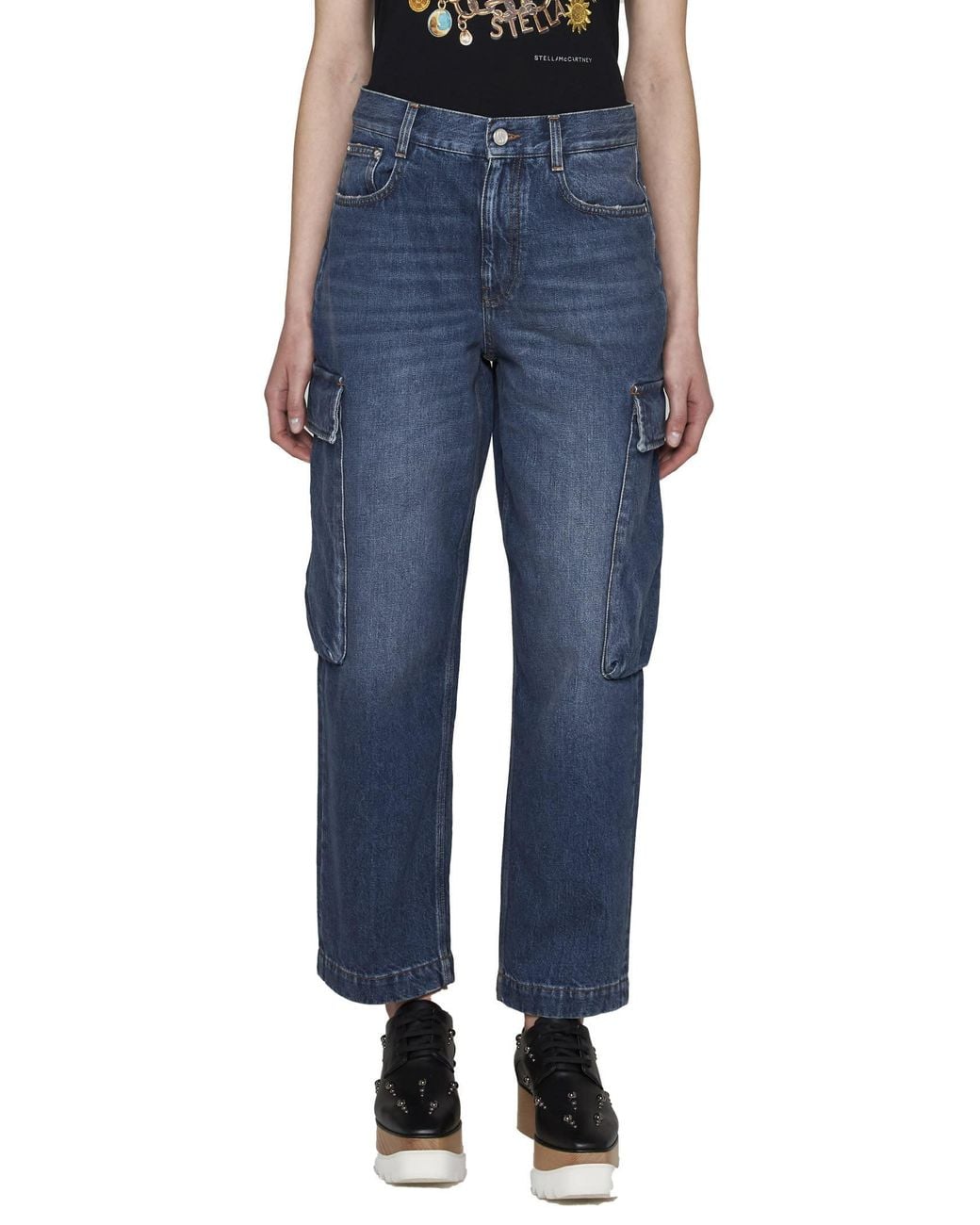 Stella McCartney Blue High-Waist Cropped Cargo Jeans