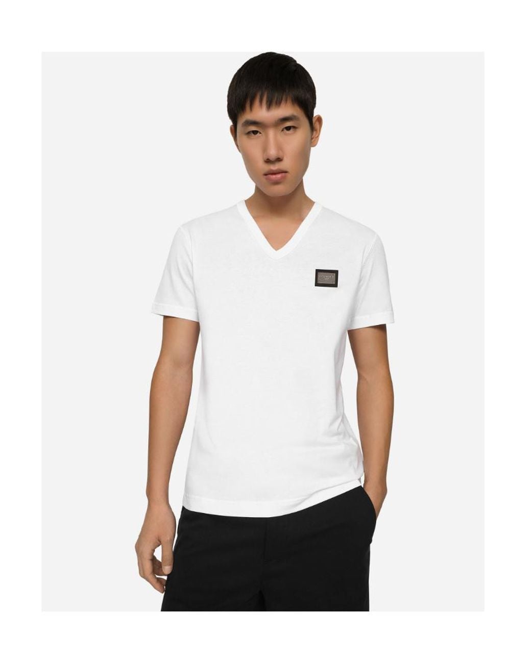 Dolce & Gabbana White Logo Patch V-Neck T-Shirt for men