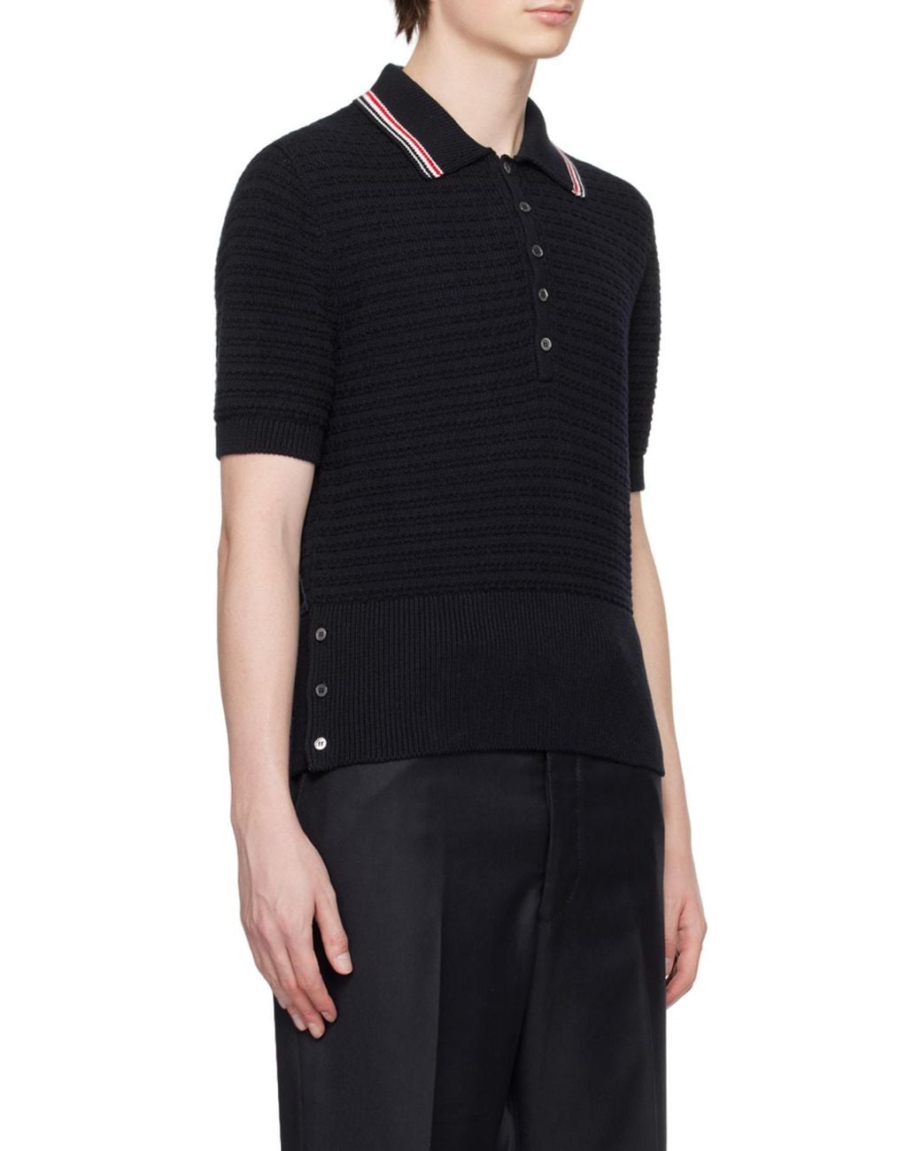 Thom Browne Black Stripe Detailed Short-Sleeved Polo Shirt for men