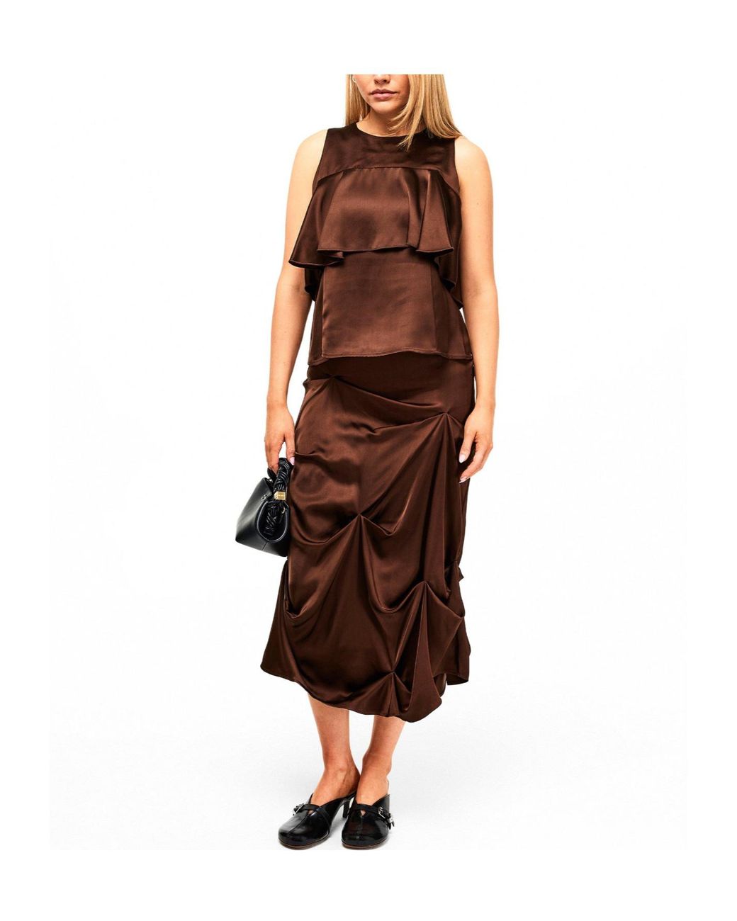 Ganni Brown Satin Midi Skirt