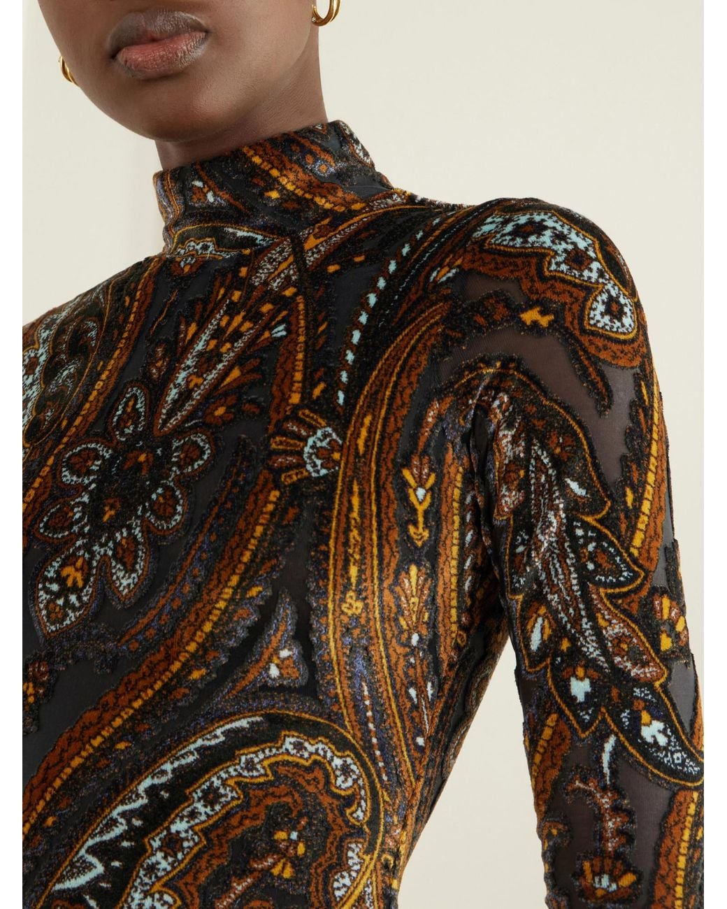Etro Brown Printed Stretch-Velvet Knee-Length Dress