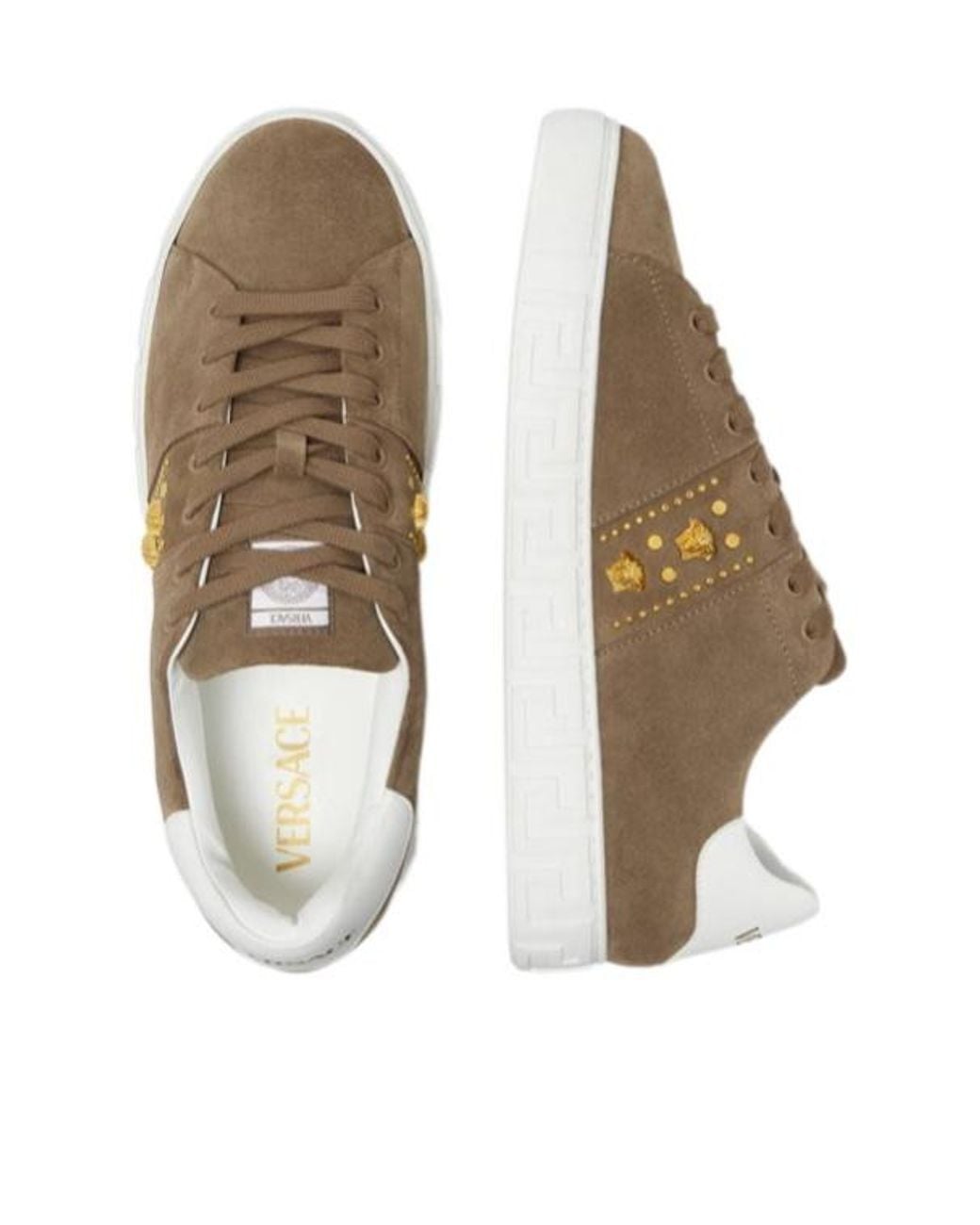 Versace Brown Greca Embellished Lace-Up Sneakers for men