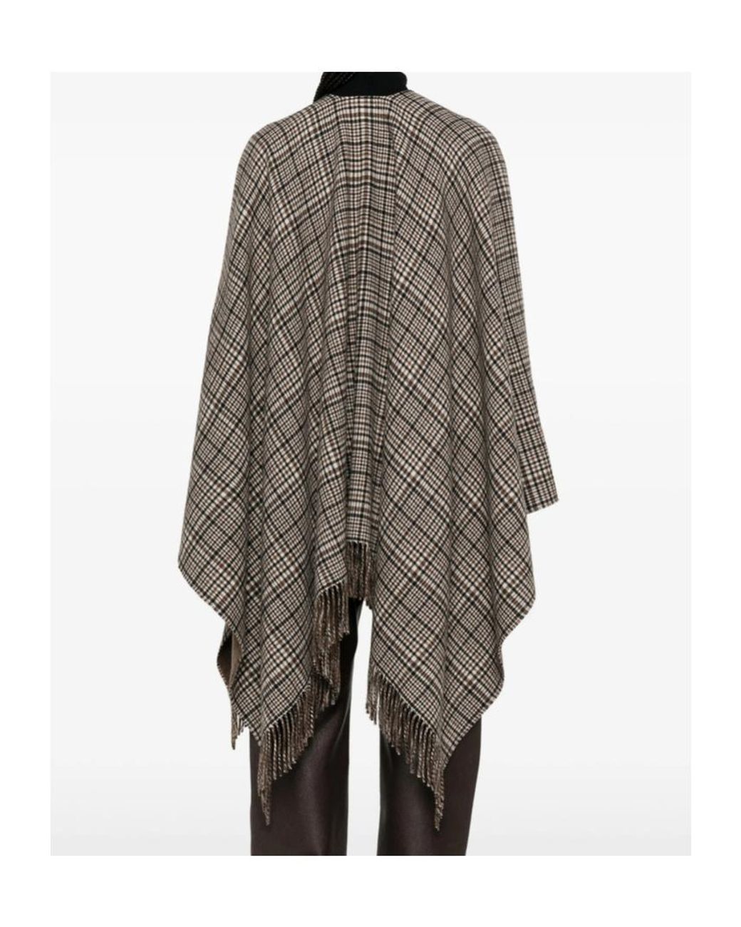 Brunello Cucinelli Gray Check-Pattern Fringed Poncho