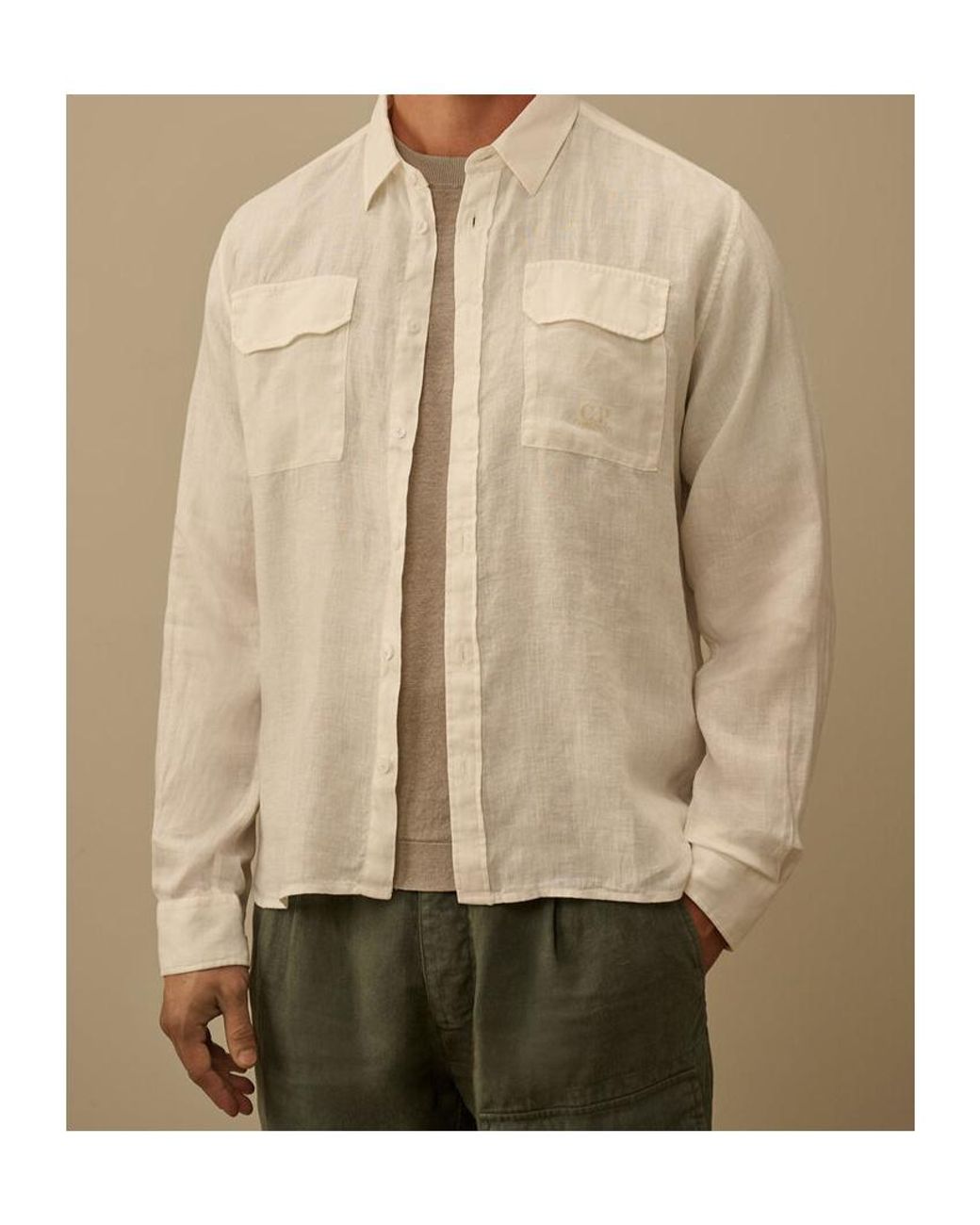 C P Company Natural Button-Up Long-Sleeved Shirt for men