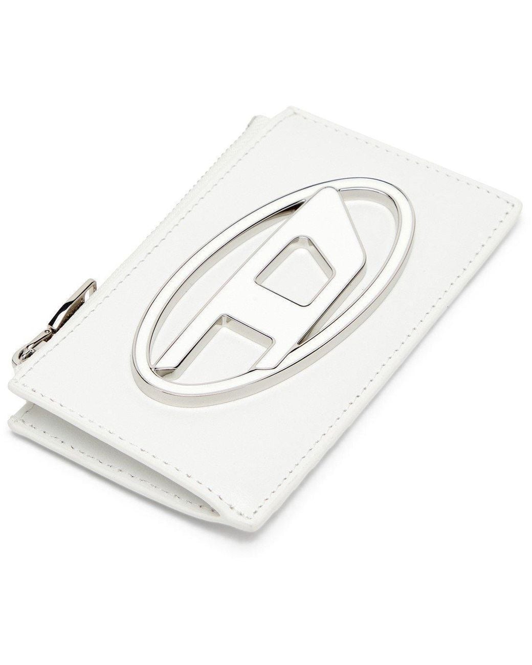 DIESEL White Glossy Leather Zip Card Holder