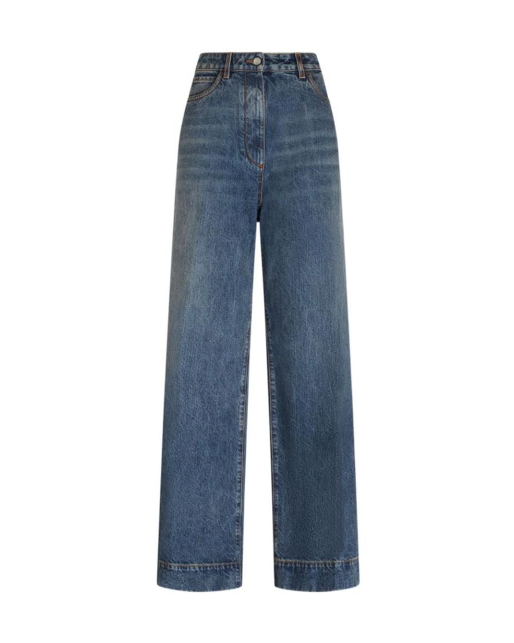 Etro Blue Logo Embroidered Wide-Leg Jeans