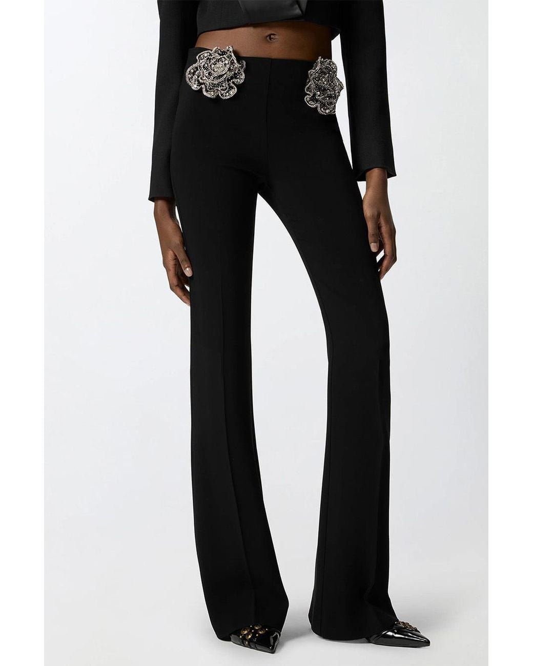 Pinko Black Floral-Appliqué Flared Trousers
