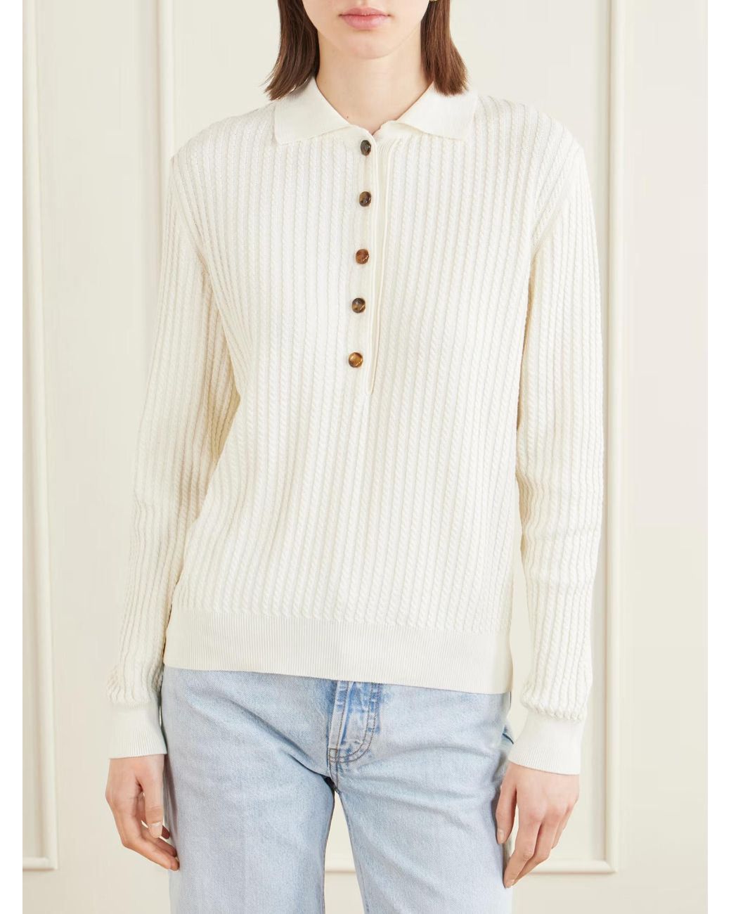 Blazé Milano White Alegria Cable Knit Polo Collar Sweater