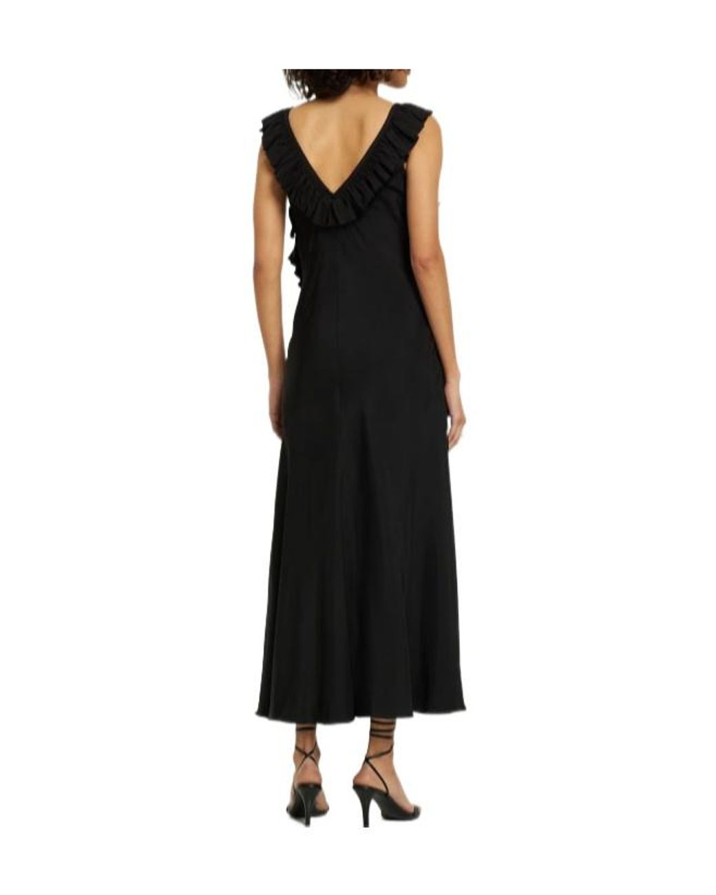 Jil Sander Black Washed Satin Frill Midi Dress