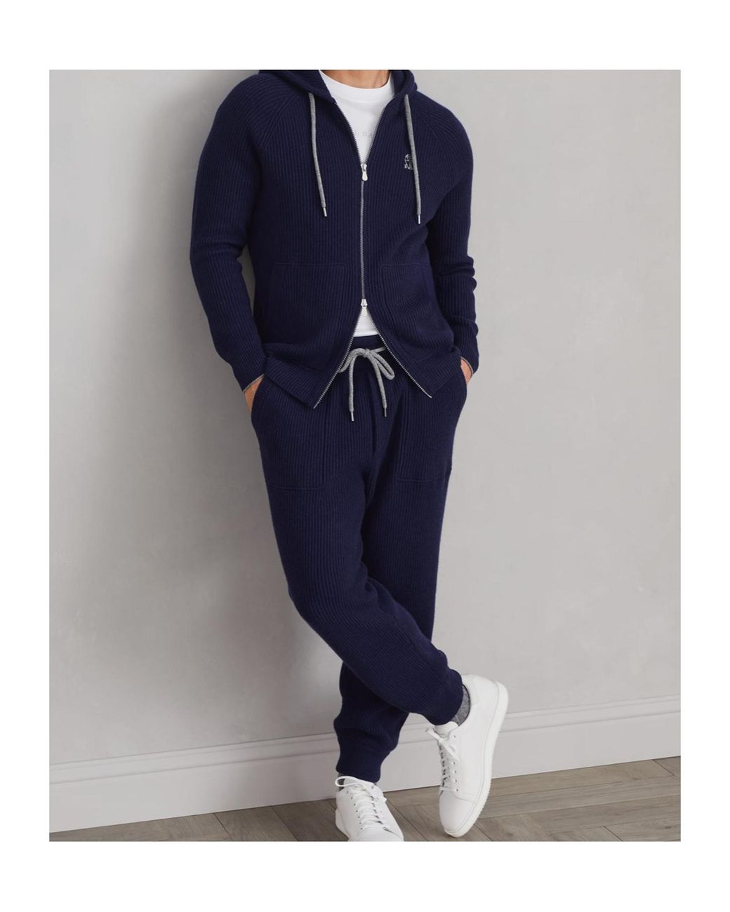 Brunello Cucinelli Blue Ribbed Knit Drawstring Joggers for men