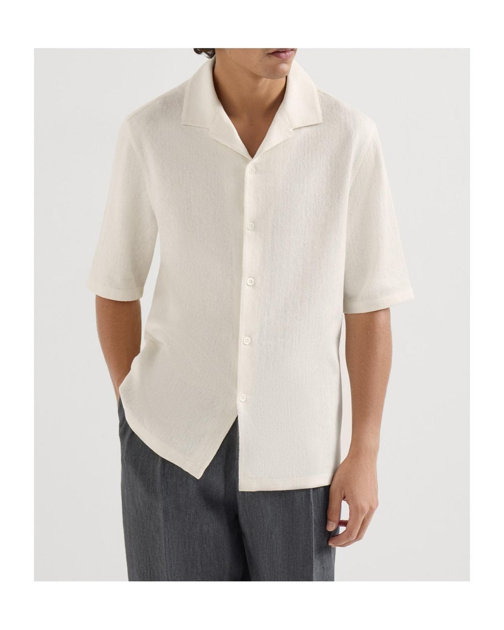 Brunello Cucinelli White Linen And Cotton Chevron Jersey Short Sleeve Shirt With Camp Collar for men