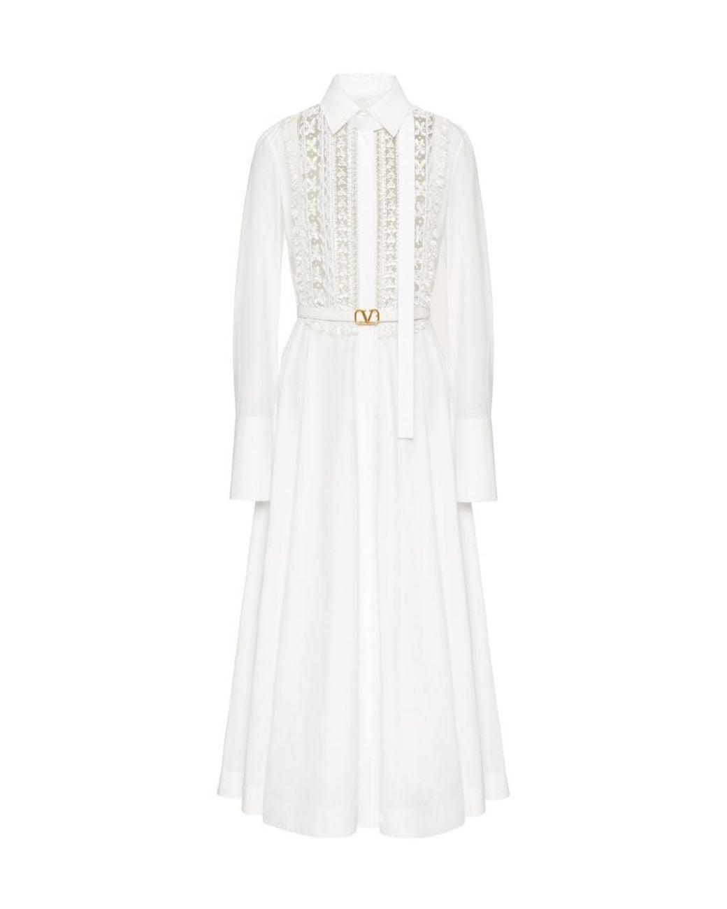 Valentino White Floral-Lace Detail Shirt Dress
