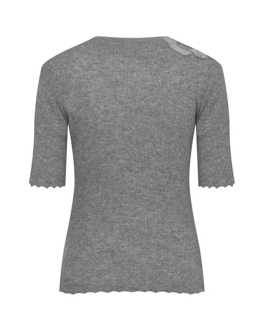 Ermanno Scervino Gray Floral-Appliqué Ribbed T-Shirt