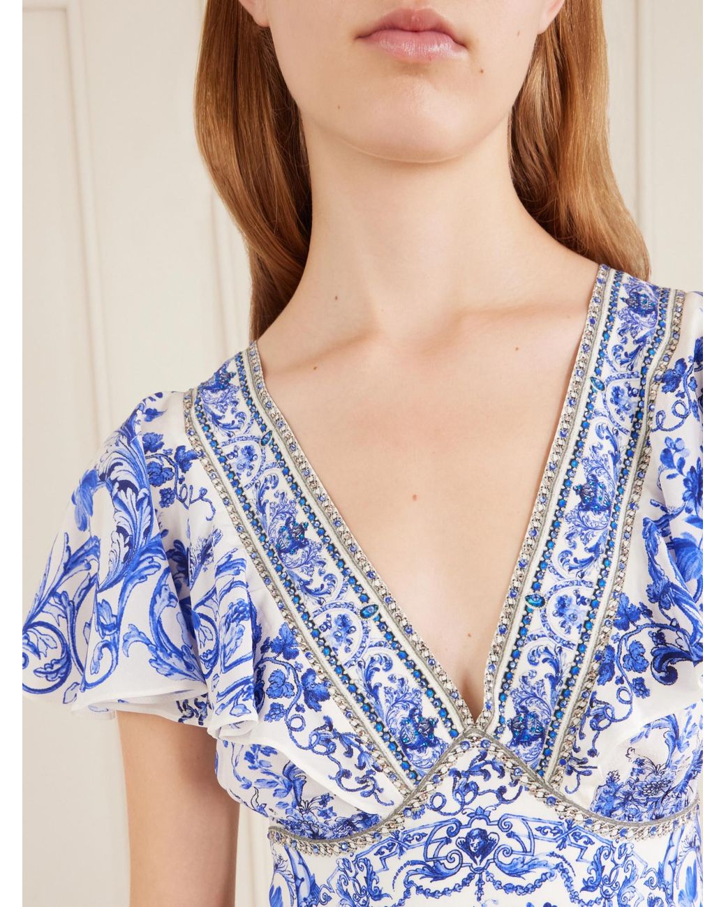Camilla Blue Embellished Printed Ruffled Silk-Crepe Midi Dress