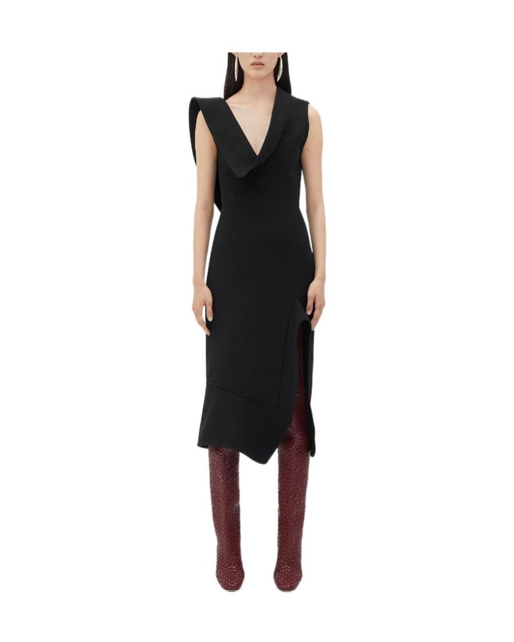 Bottega Veneta Black Structured V-Neck Midi Dress