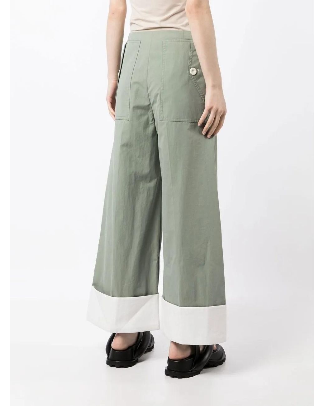 Low Classic Green Wide-Leg Turn-Up Trousers