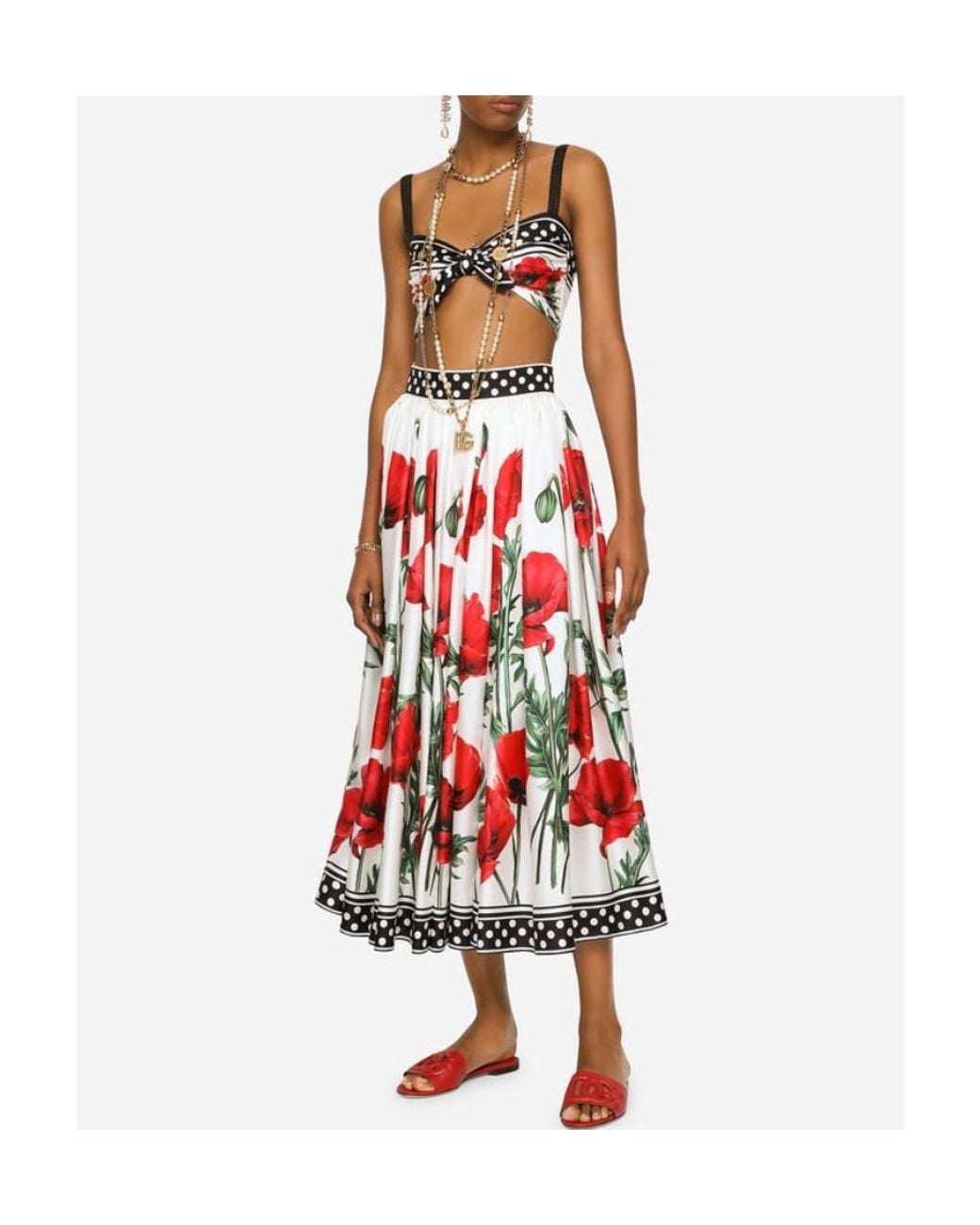 Dolce & Gabbana Red Poppy-Print High-Waisted Skirt