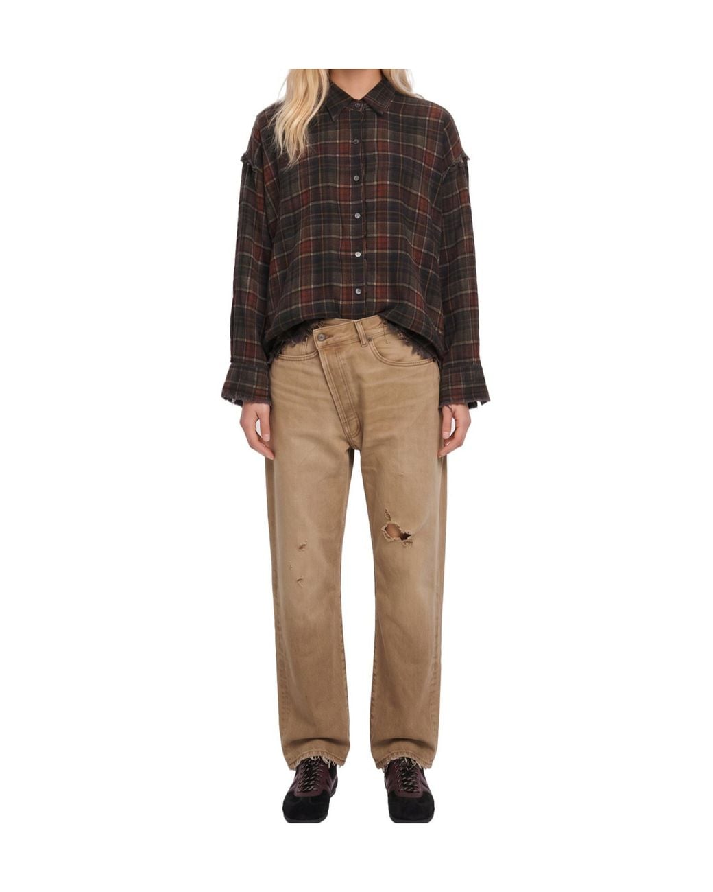 R13 Natural Crossover Distressed Crossover-Waist Jeans