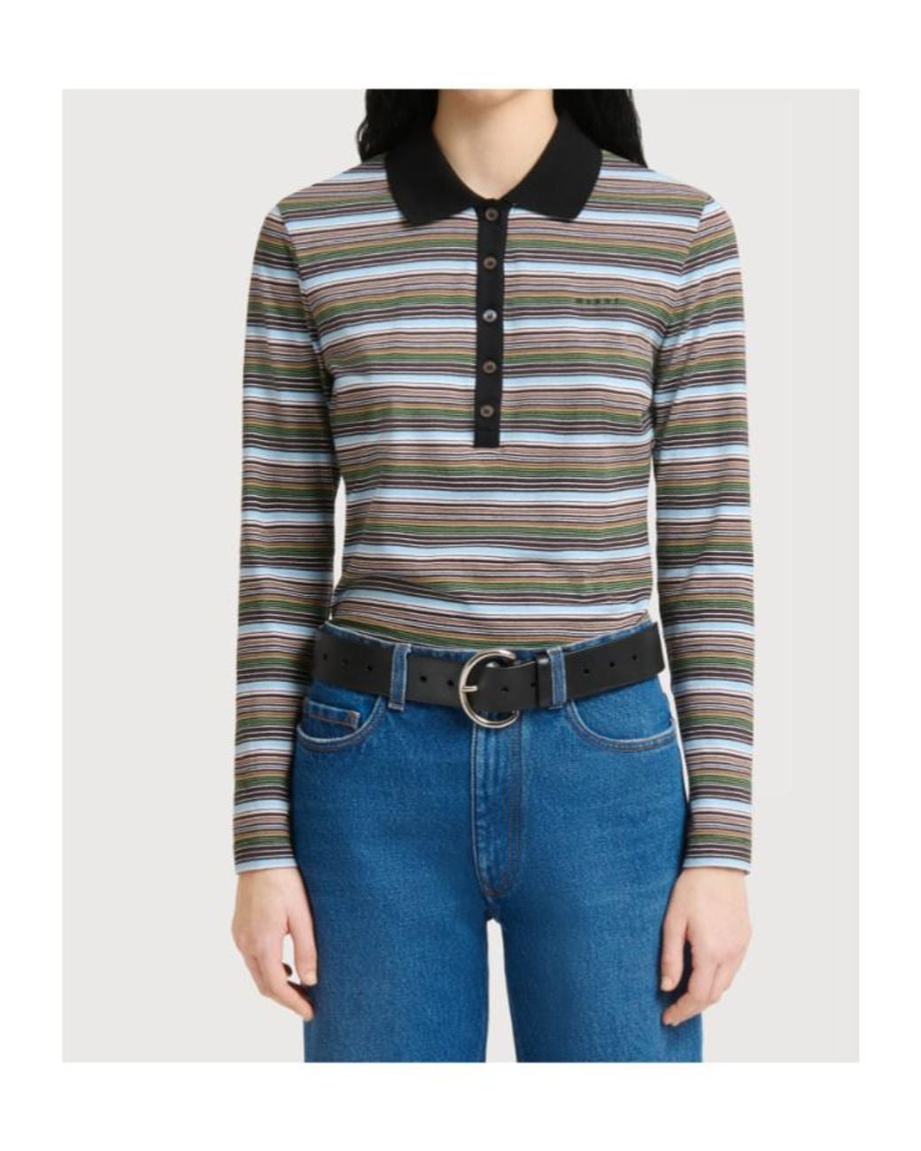 Marni Gray Striped Long Sleeve Polo Top