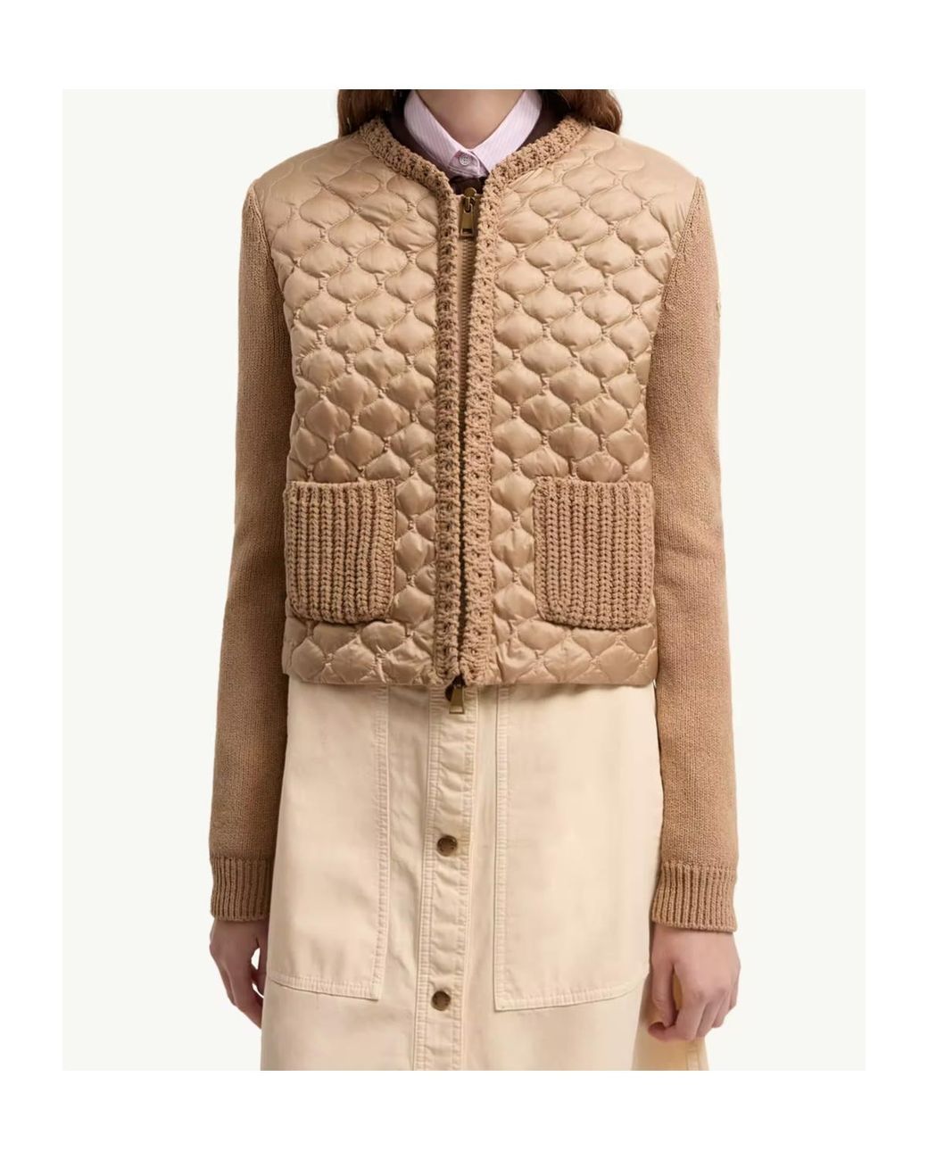 Moncler Natural Geometric-Quilted Padded Zip-Up Cardigan