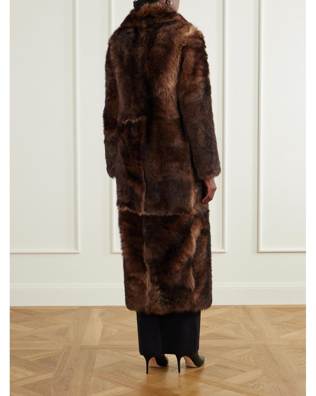 Yves Salomon Brown Paneled Double-Breasted Shearling Coat