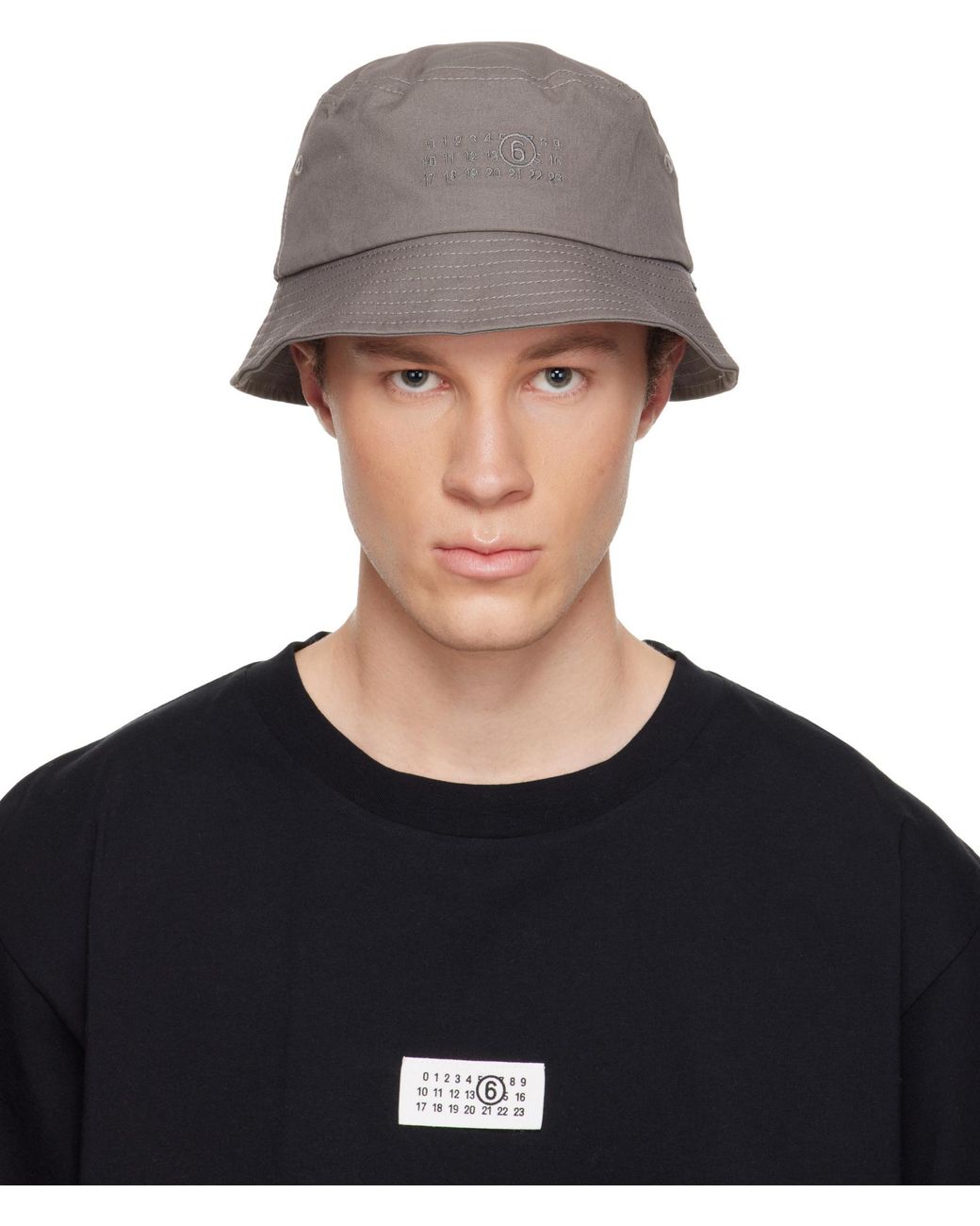 MM6 by Maison Margiela Gray Logo Embroidered Bucket Hat for men